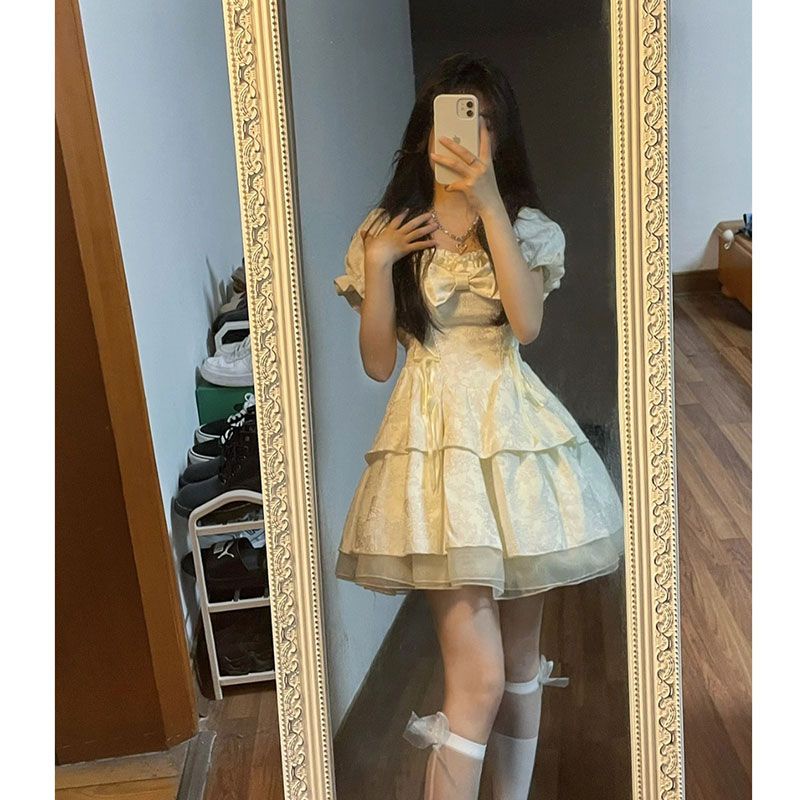 Đầm Ngắn Tay Phồng Đính Nơ Thời Trang Mùa Xuân Mới Cho Nữ