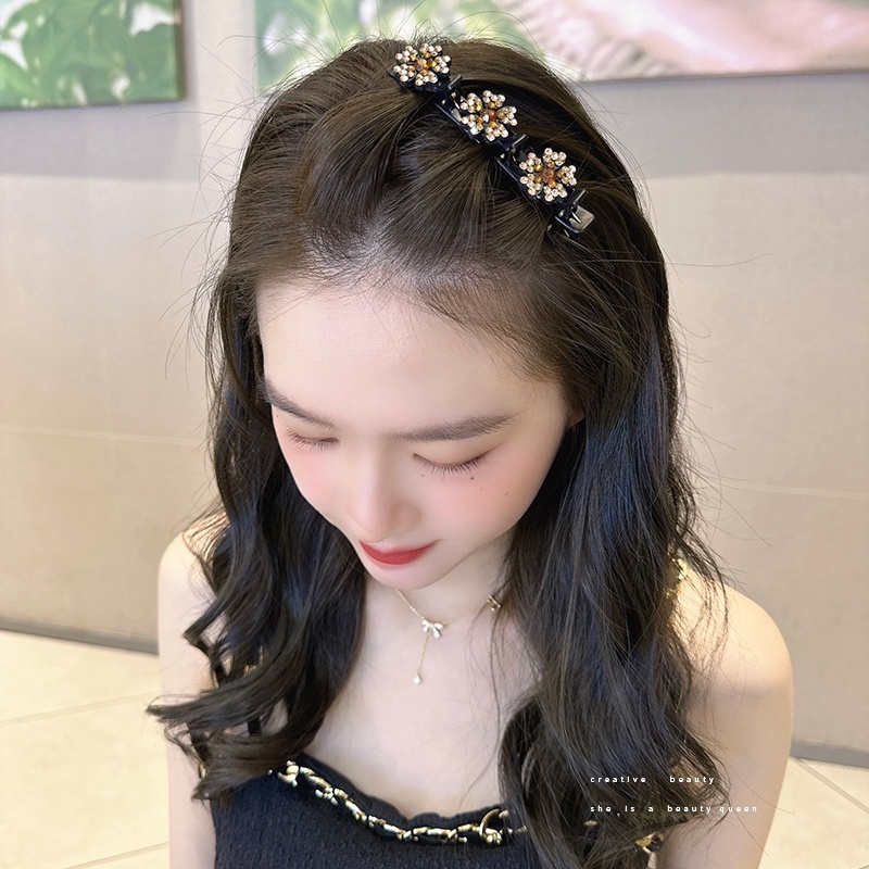 Kẹp Tóc Bện Hai Lớp Đính Đá Hình Hoa Lấp Lánh Thời Trang Cho Nữ