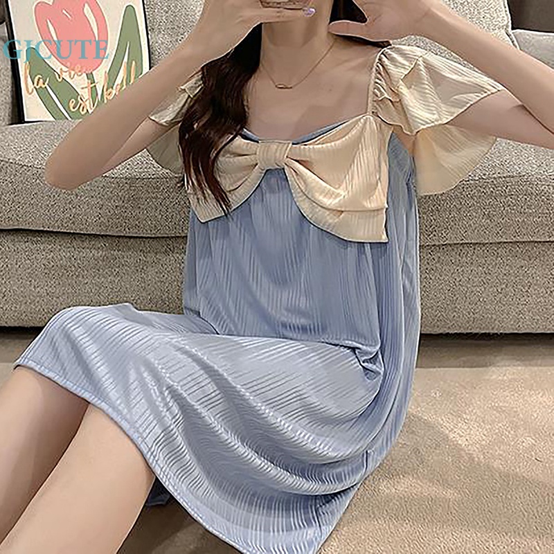 Đầm Cổ Vuông Tay Bay Phối Nơ Lớn Màu Trơn Kiểu Hàn Quốc Ngọt Ngào Cho Nữ