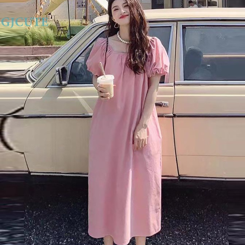 Đầm Midi Tay Ngắn Dáng Rộng Màu Hồng Thời Trang Mùa Hè Cho Nữ