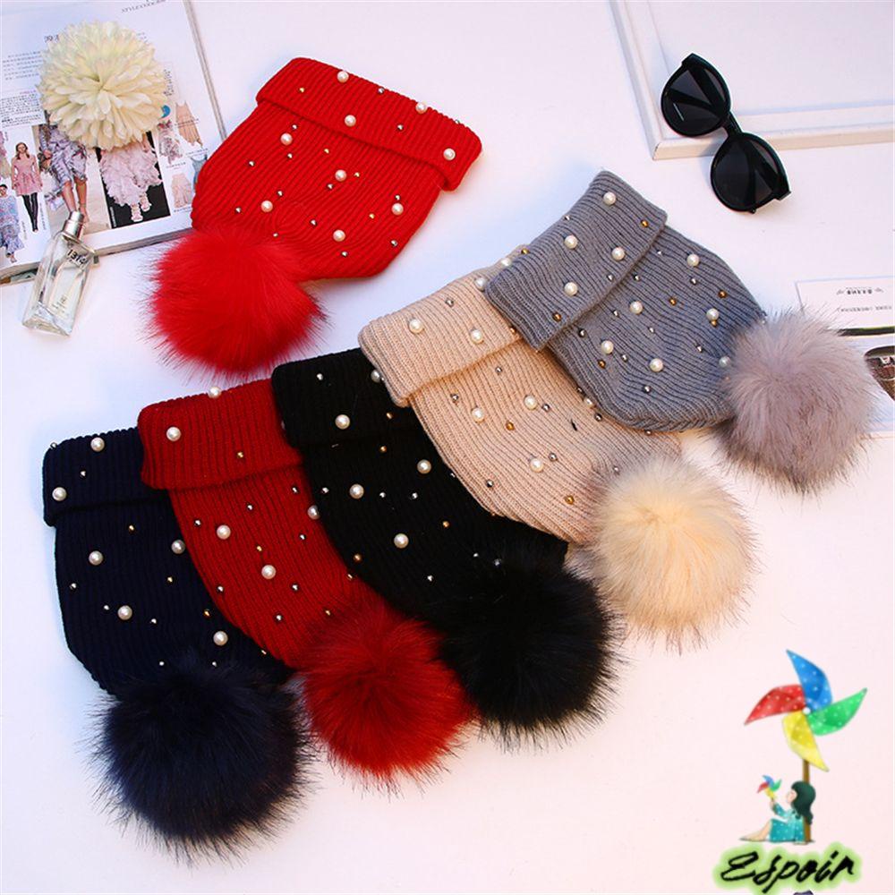ESPO Mũ Len Beanie Nữ Đính Quả Bông Mềm Mại