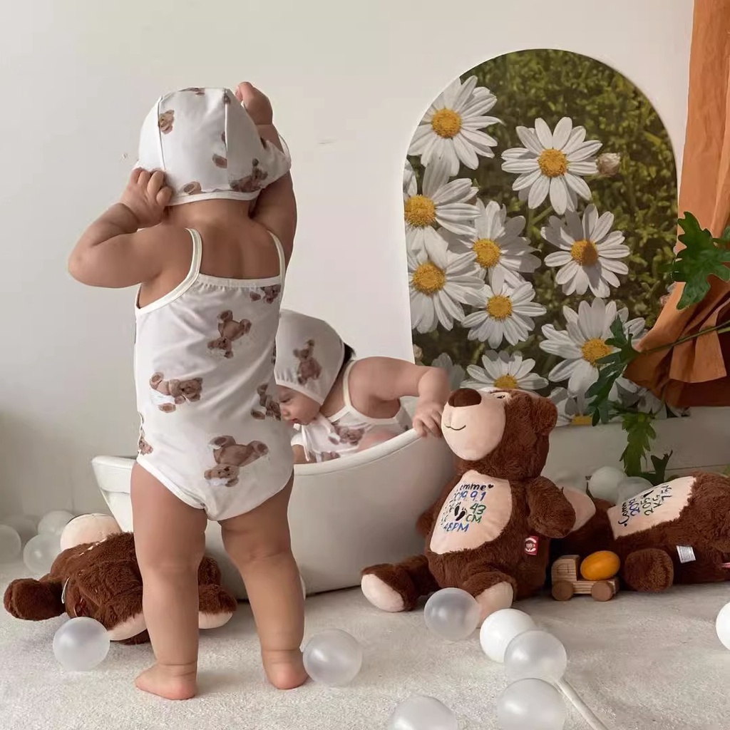 Bộ Đồ Bơi Liền Thân Hai Dây Kèm Mũ Thời Trang Mùa Hè Cho Bé Sơ Sinh