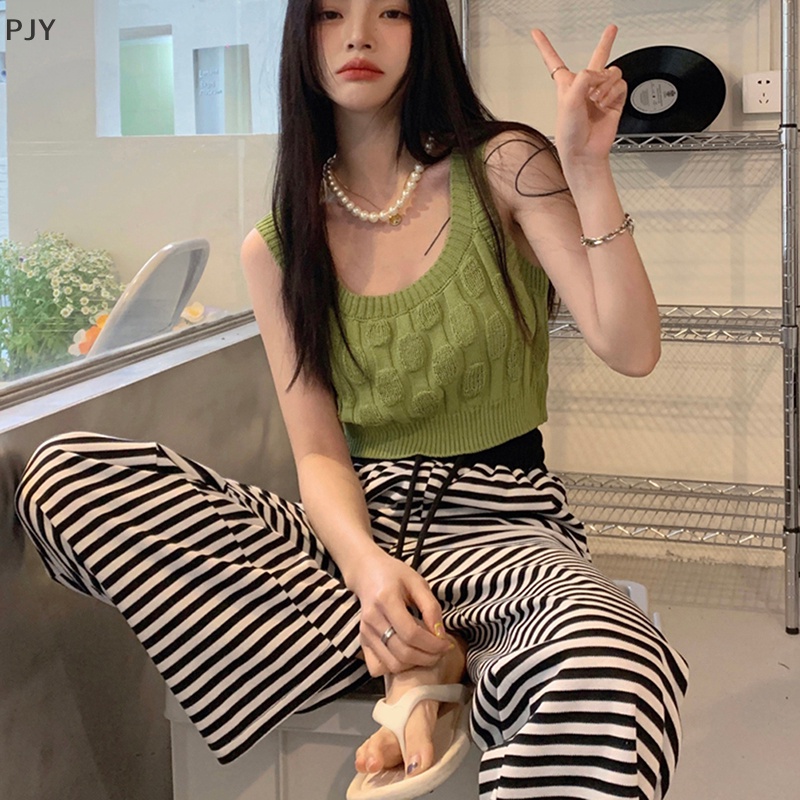 Áo Dệt Kim Sát Nách Màu Sắc Vintage Thời Trang Mùa Hè Cho Nữ PJ