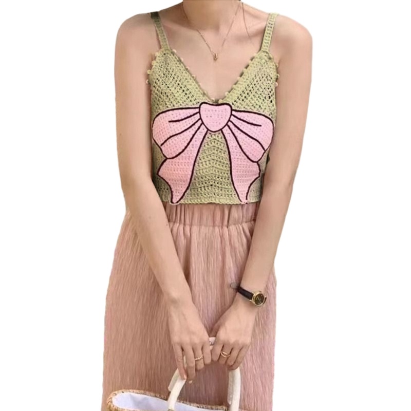 Áo Croptop Dệt Kim Hai Dây Không Tay Cổ Chữ V Thắt Nơ Gợi Cảm Cho Nữ