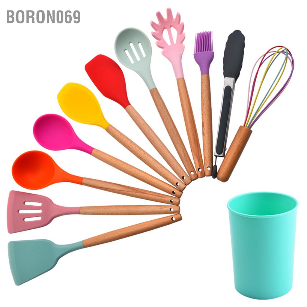 Boron069 Bộ 12 dụng cụ nấu ăn bằng silicon tay cầm gỗ đầy màu sắc đồ dùng nhà bếp