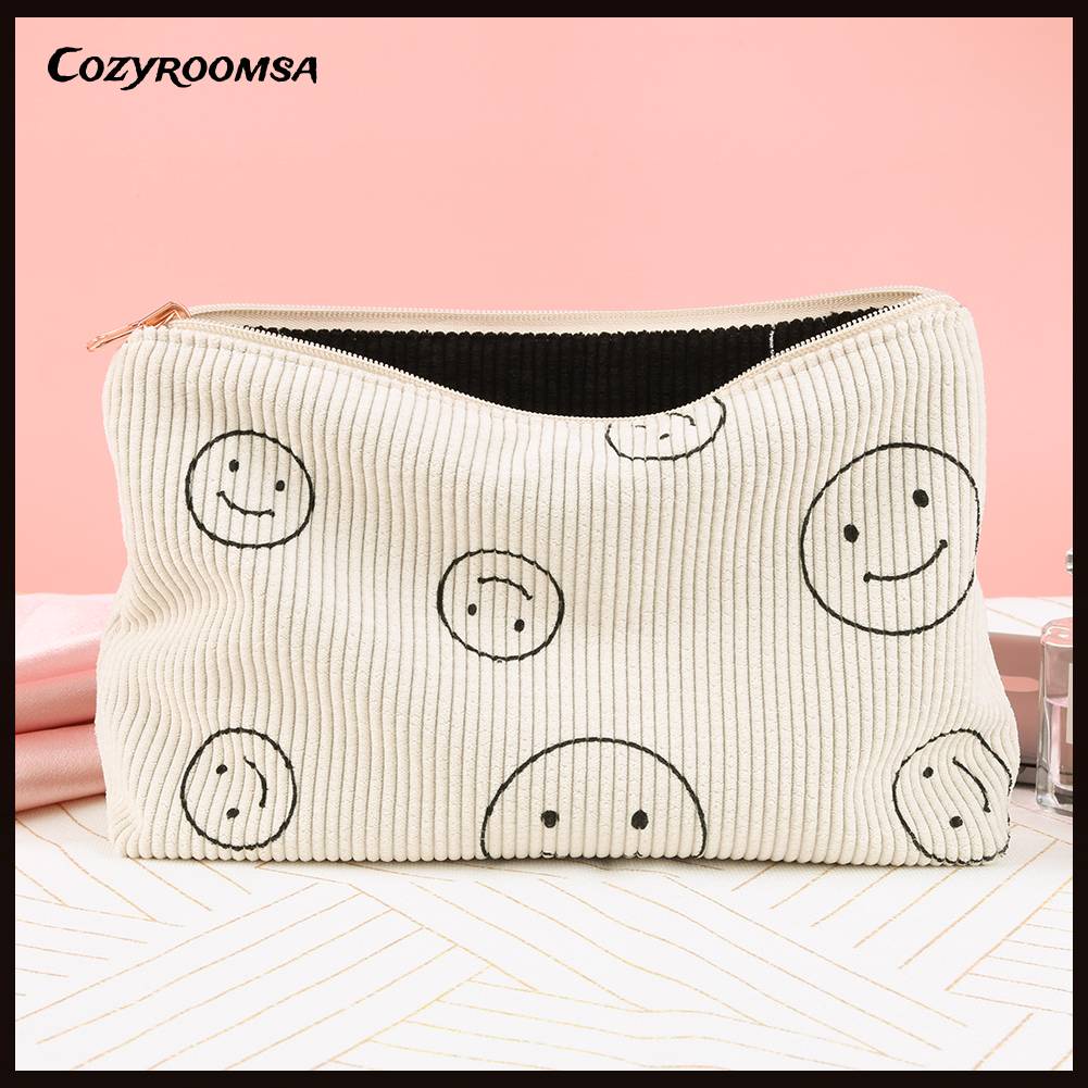 Túi Đựng Mỹ Phẩm Hai Mặt Bằng Vải Nhung Kẻ Dễ Thương Xinh Xắn