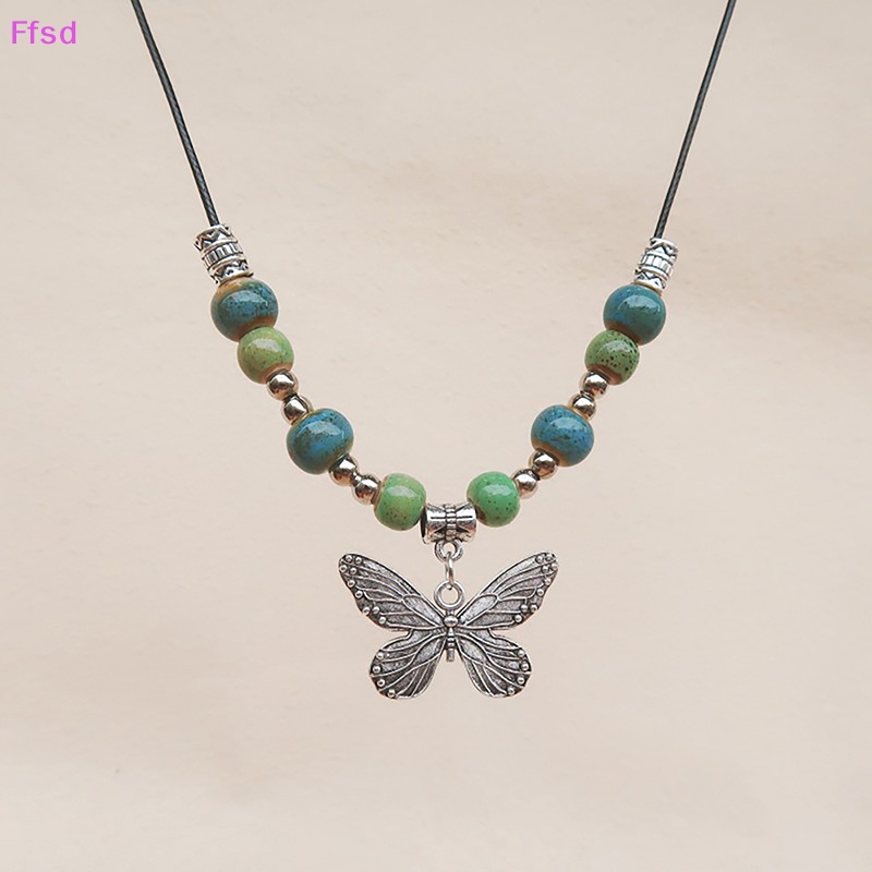 {Ffsd} Vòng cổ Hạt Gốm Mặt Hình Bướm Vintage Bohemian Có Thể Điều Chỉnh Sản Phẩm Lớn * Bán Chạy