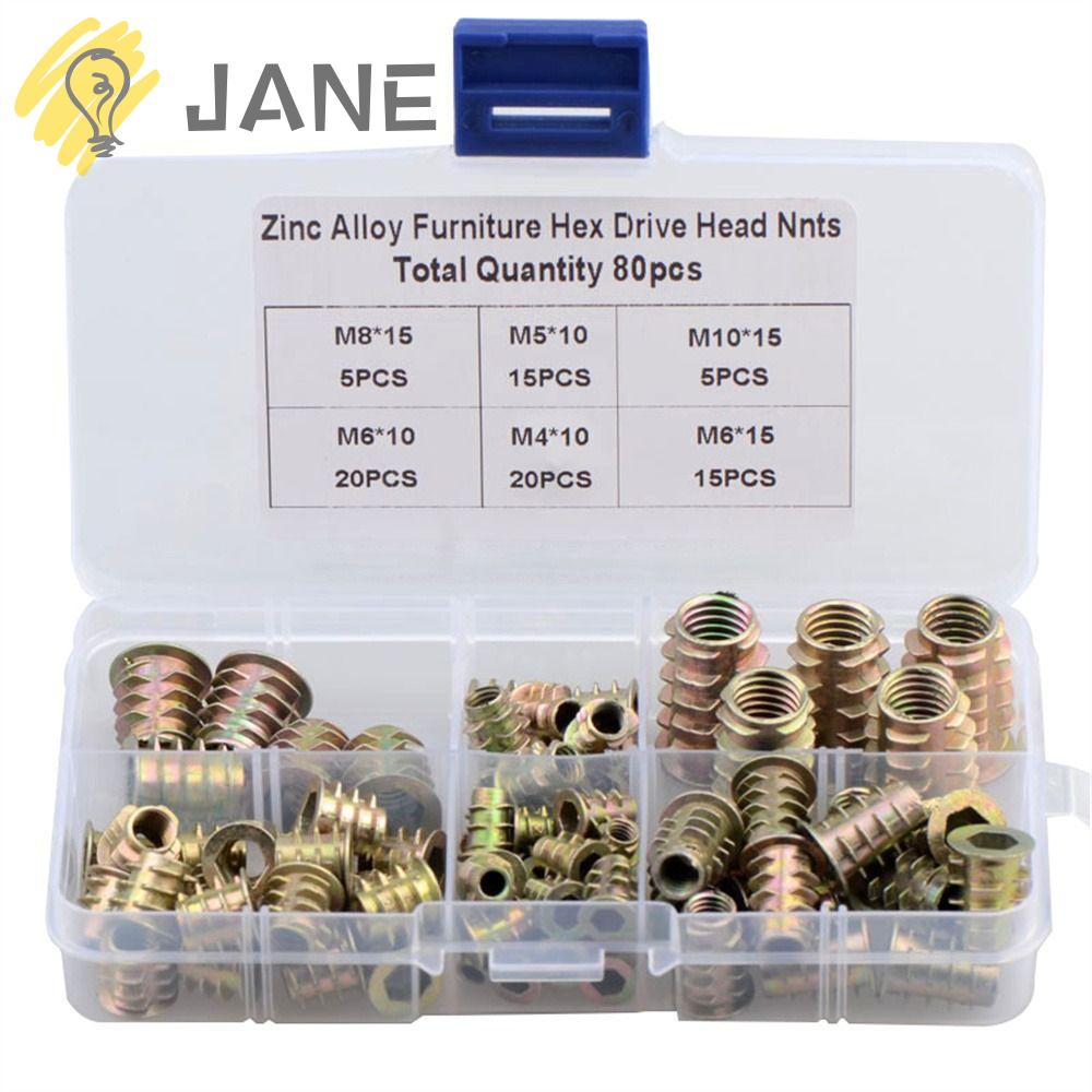 JANE Bộ 80 Đai Ốc Hợp Kim Kẽm Hình Chữ T 6 Kích Thước Bên Trong Và Bên Ngoài Cho Đồ Nội Thất Gỗ