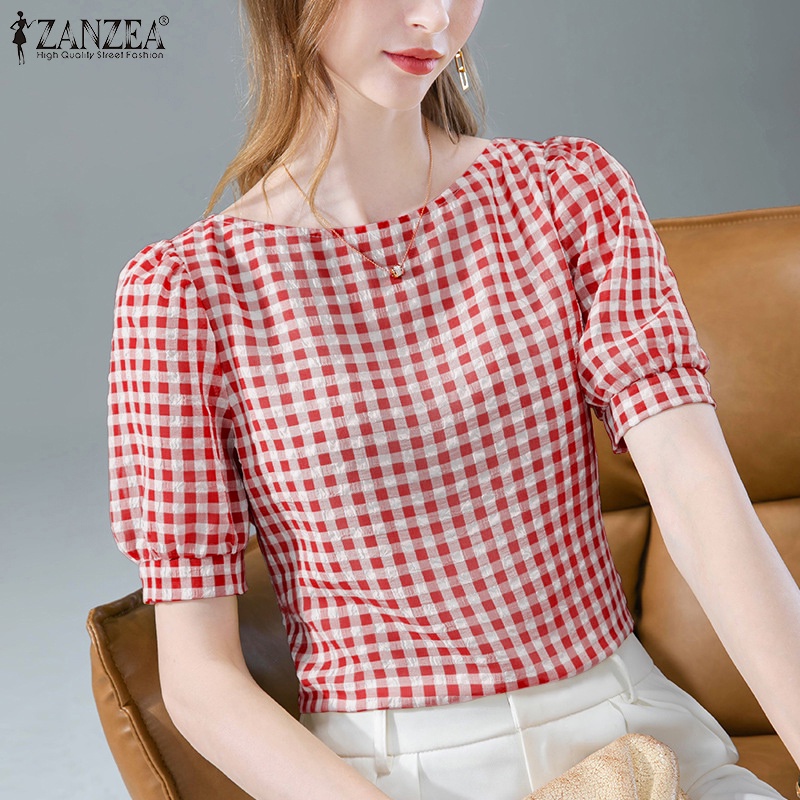 Zanzea Áo Sơ Mi Tay Ngắn Cổ Chữ O Họa Tiết Caro Phong Cách Bohemian Thời Trang Cho Nữ