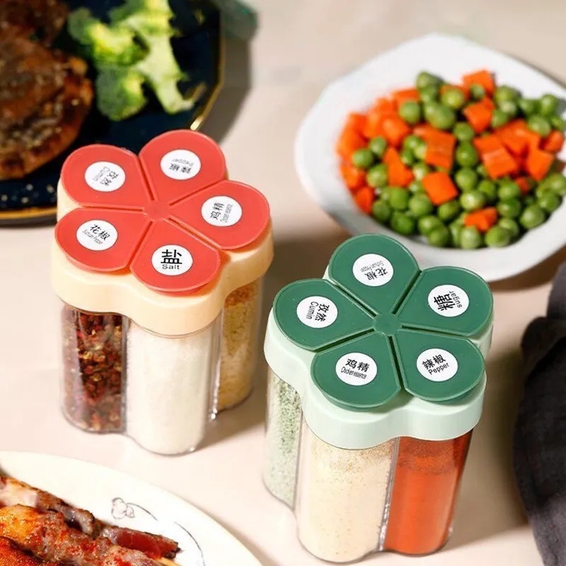 Hộp Đựng Gia Vị Nắp Lật Bằng Nhựa Trong Suốt 5 Trong 1 Đa Năng