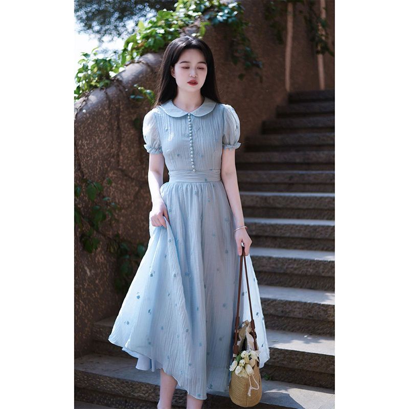 Đầm Dáng Dài Màu Xanh Dương Phong Cách Pháp Thanh Lịch Cho Nữ