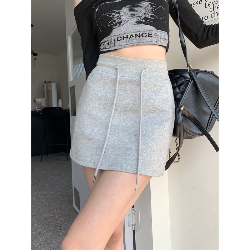 Chân Váy Ngắn Chữ A Lưng Cao Màu Xám Phối Dây Rút Phong Cách Thể Thao Thời Trang Mùa Hè 2023 Mới