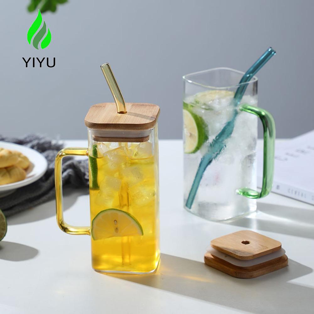 YIYU Kính Cốc Thủy Tinh Uống Bia / Nước Ép Có Nắp Và Ống Hút Dùng Được Trong