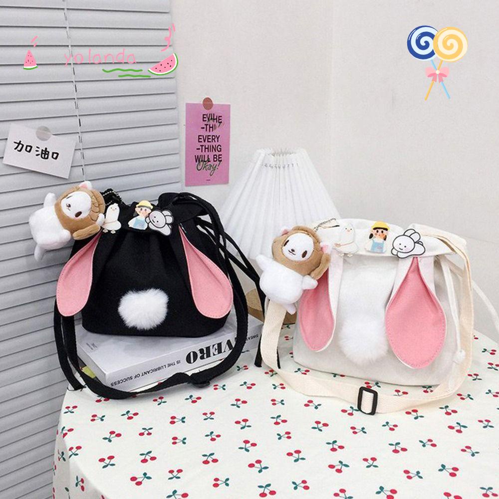 YOLA Túi Đeo Vai Vải Canvas Phối Dây Rút Cá Tính Cho Nữ