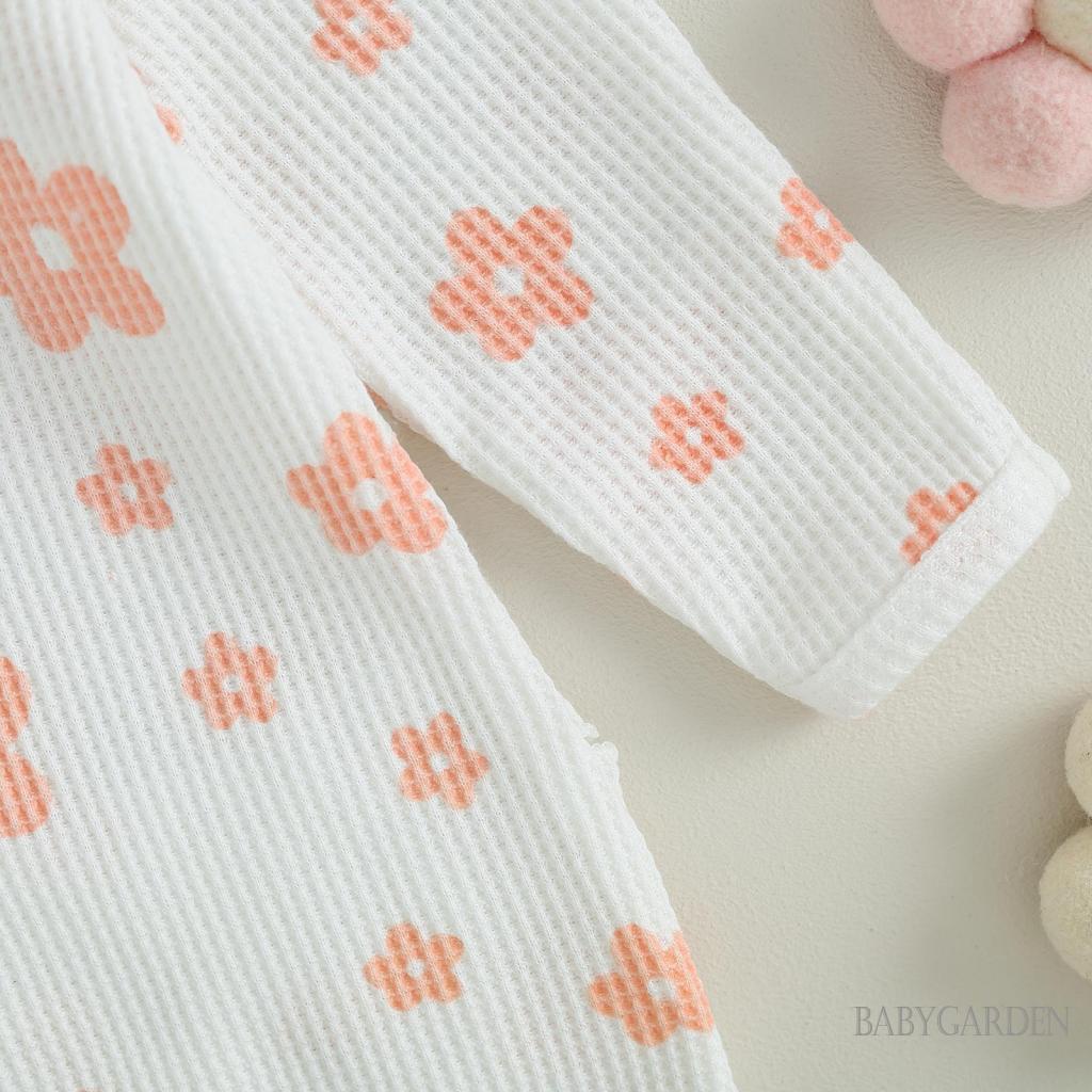 Bộ Áo Liền Quần Tay Dài In Hoa Hoạt Hình Khóa Kéo Trước + Băng Đô Nơ Dành Cho Bé Gái