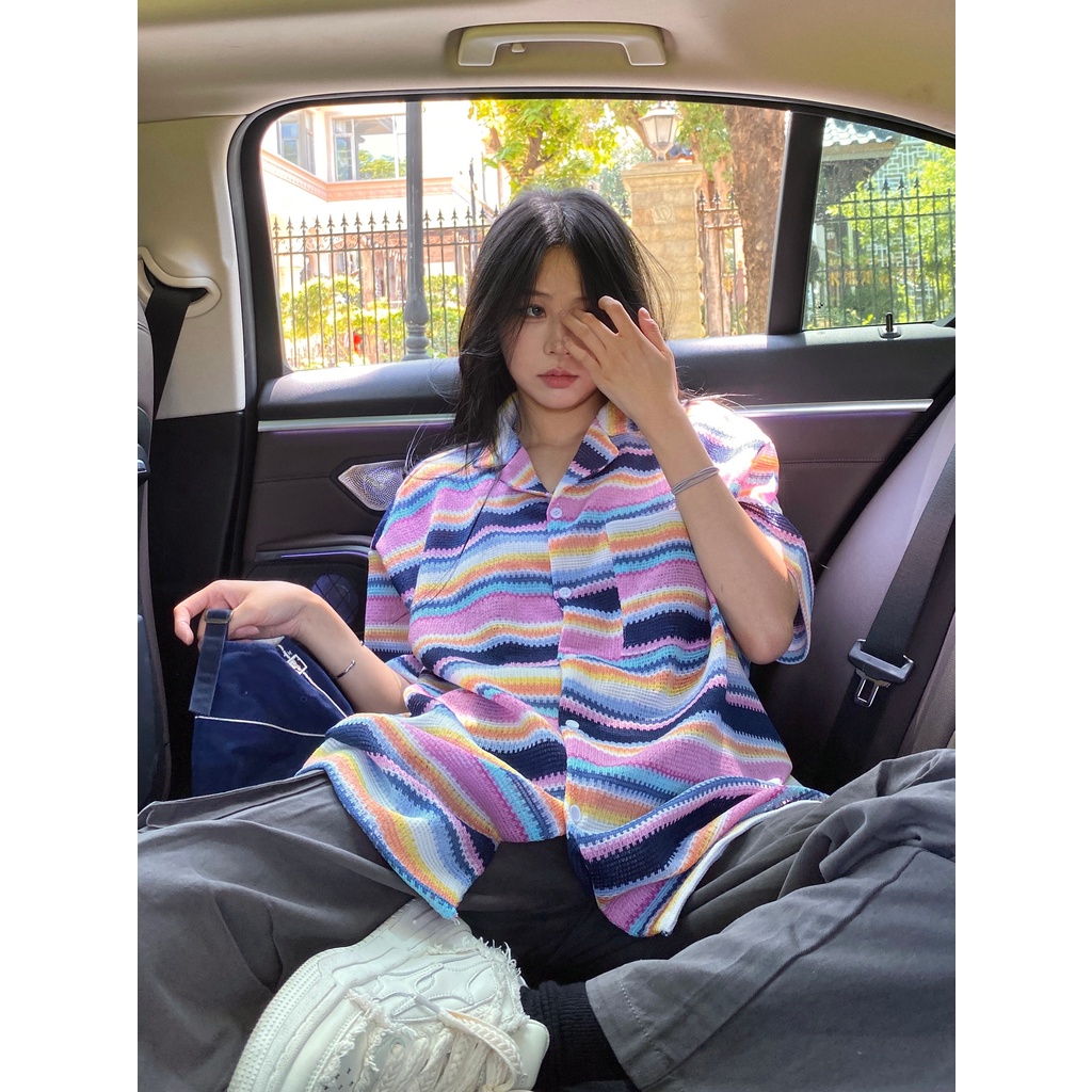 Áo Sơ Mi Tay Ngắn Dáng Rộng Họa Tiết Kẻ Sọc Thiết Kế Mới Thời Trang