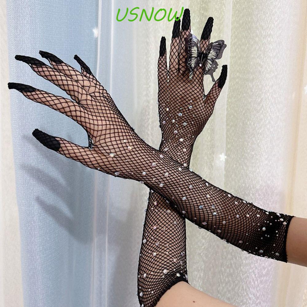 USNOW Găng Tay Lưới Hở Ngón Đính Kim Cương Nhân Tạo Toàn Diện Cho Nữ