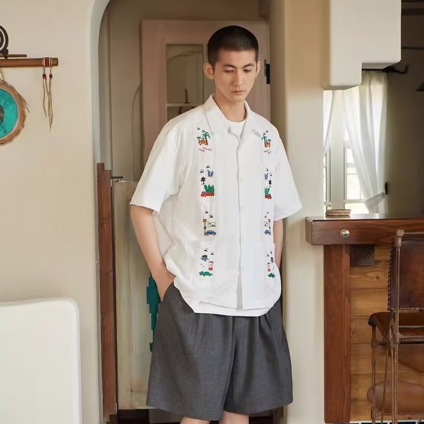 Áo Sơ Mi Tay Ngắn Thêu Họa Tiết Phong Cách Retro Hawaii Cho Nam Nữ