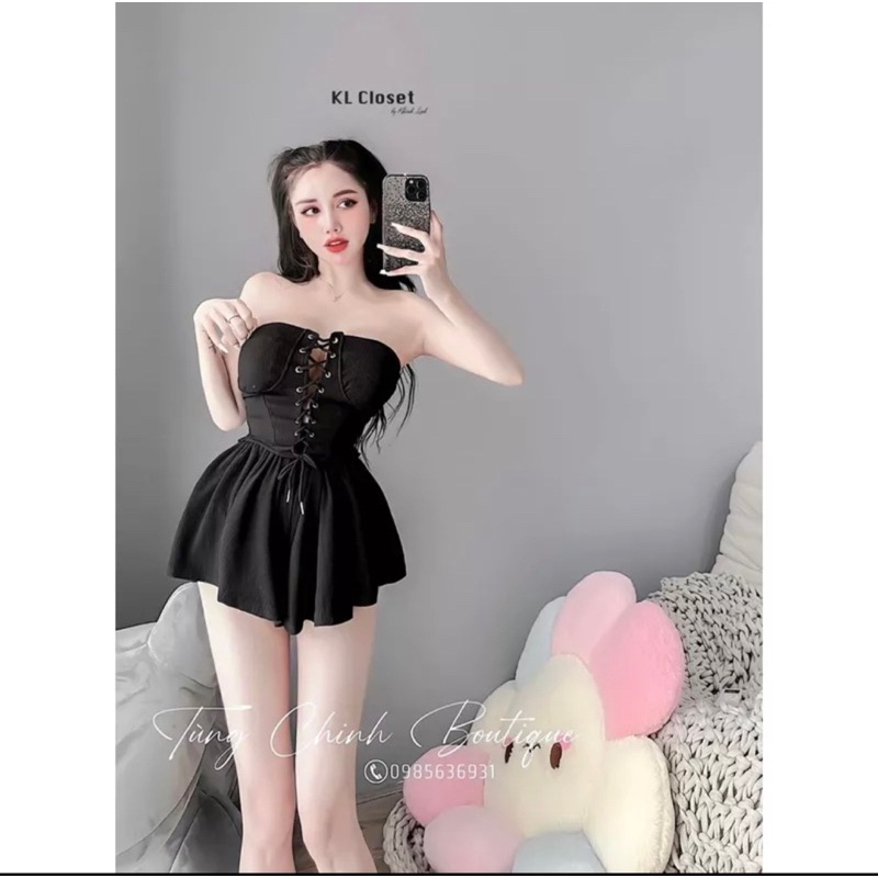 Set Gân Áo Quây Cúp Đan Ngực Buộc Dây + Chân Váy Xoè Có Lót hot hit alohashop91