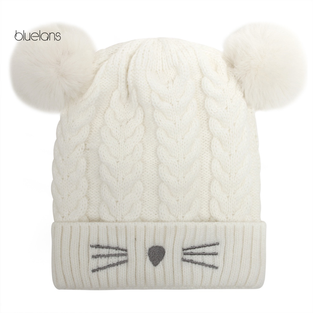 Mũ Beanie Đính Hai Quả Bông Dày Dặn Họa Tiết Hoạt Hình Dễ Thương Cho Bé Gái