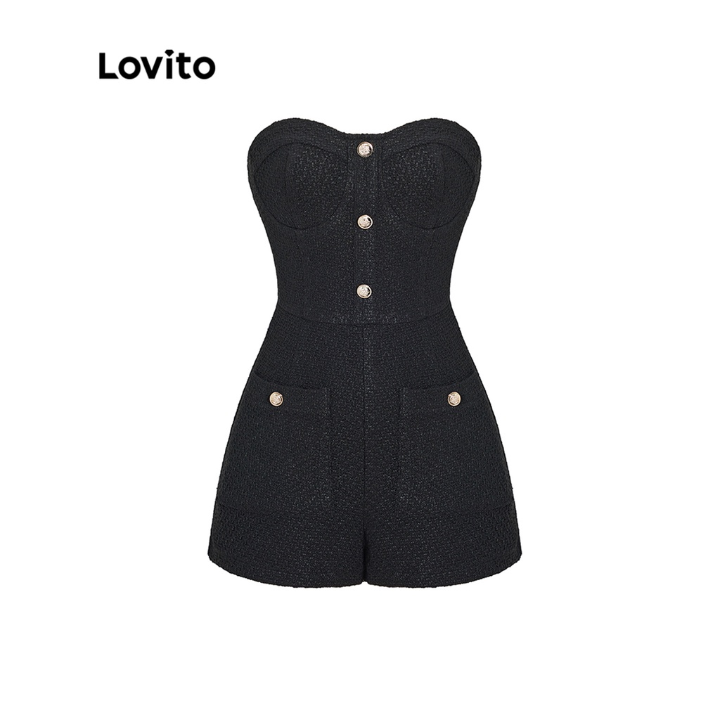 Lovito Bộ áo liền quần có cấu trúc túi giả phối nút thông thường cho nữ L55AD072 (Đen)