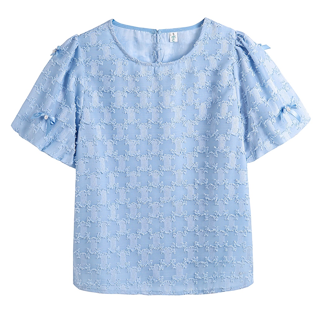 Áo Sơ Mi Chiffon Tay Ngắn Màu Xanh Dương Ngọt Ngào Thời Trang Mùa Hè Phong Cách Hàn Quốc Cho Nữ