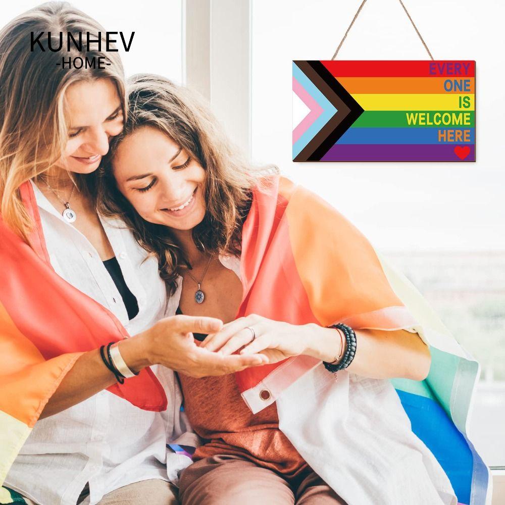 KUNHEV Bảng Gỗ Treo Cửa In Chữ Welcome Here Màu Cầu Vồng Độc Đáo Trang Trí Nhà Cửa