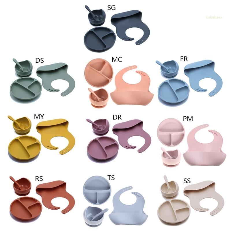 Bộ 4 Món Tô &amp; Muỗng / Đĩa Bằng Silicone Không BPA Chống Nước Màu Trơn Cho Bé