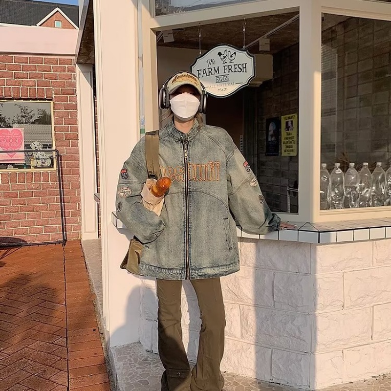 Áo Khoác Denim Cổ Đứng Thời Trang Retro Mỹ Cá Tính Cho Nam Nữ