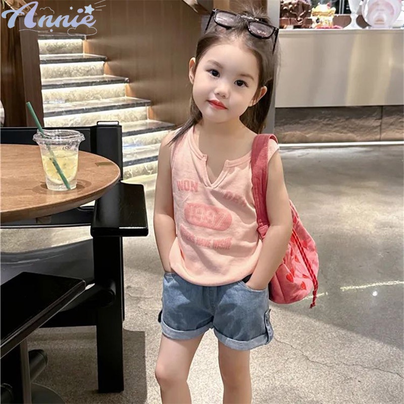 Annie Áo Hai Dây Co Giãn Cổ Chữ V In Chữ Phong Cách Nước Ngoài Cho Bé Gái