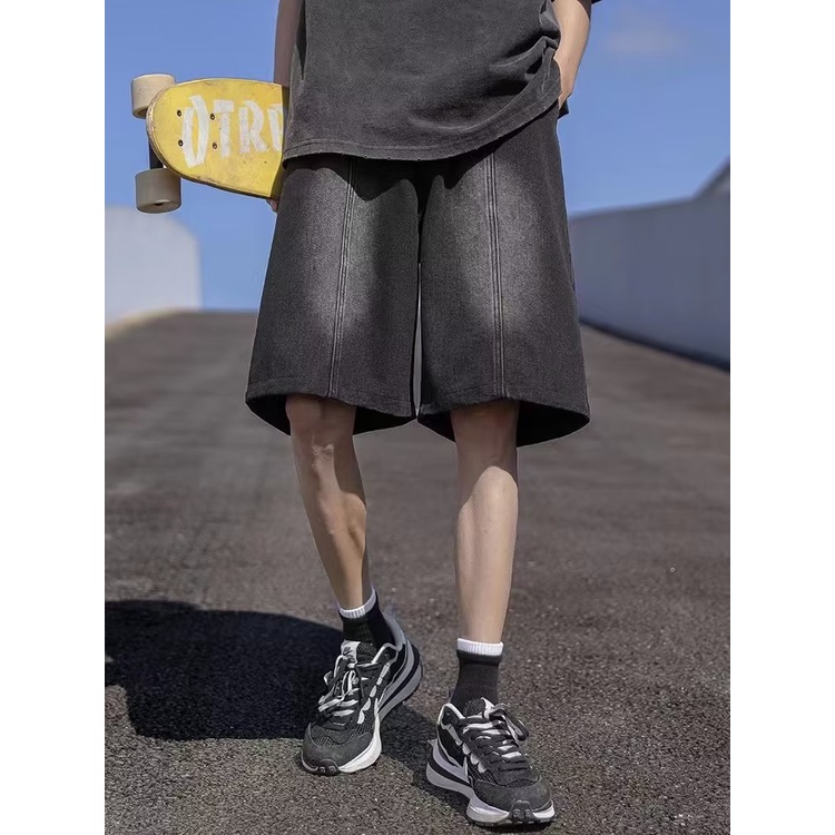 Quần Short Denim Mỏng Dáng Rộng Phong Cách Đường Phố Mỹ Cá Tính Cho Nam