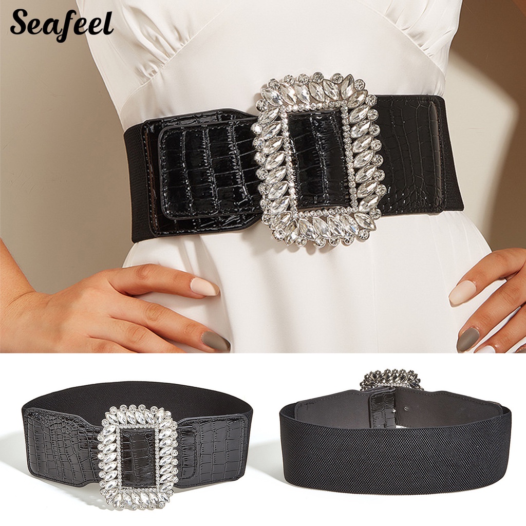 Thắt Lưng Da Co Giãn Màu Trơn Đính Đá Cho Nữ