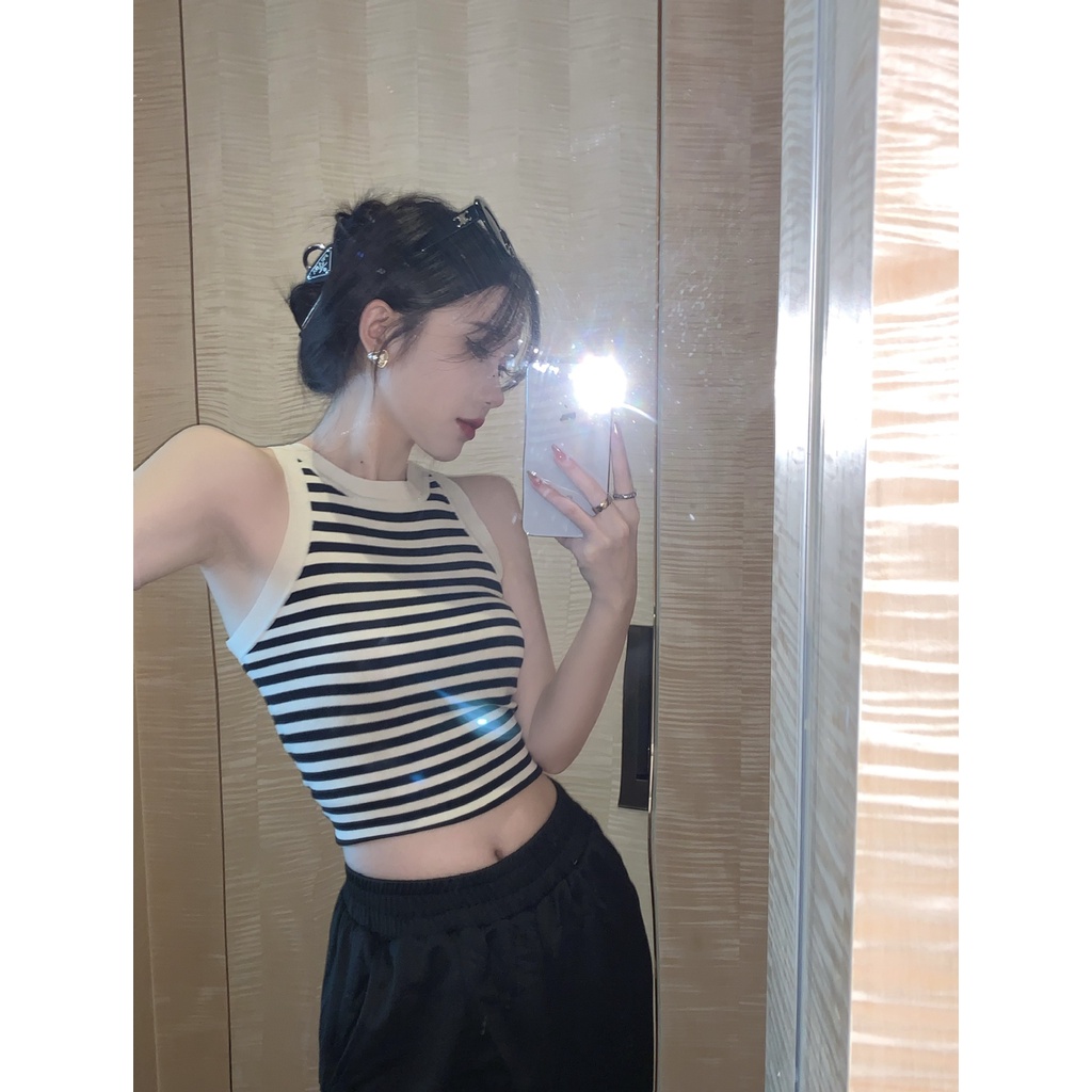 Áo Dệt Kim Hai Dây Ôm Dáng Họa Tiết Kẻ Sọc Thời Trang Mùa Hè Cho Nữ