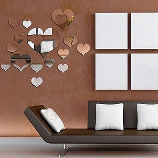 Set 16 Miếng Dán Tường Tráng Gương Hình Trái Tim 3D Sáng Tạo Trang Trí Nhà Cửa