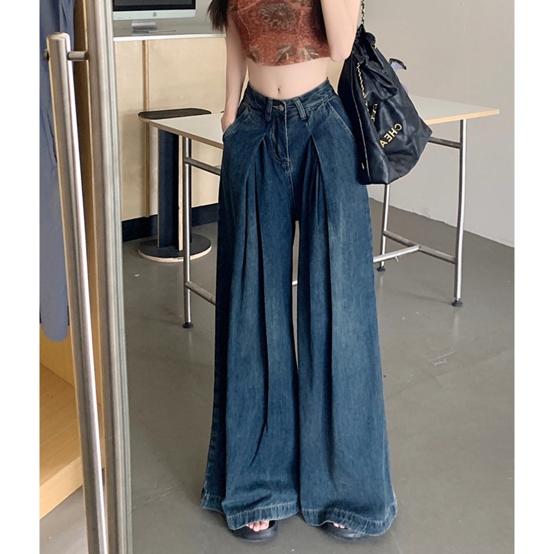 Quần Denim Ống Loe Xếp Li Thời Trang Dành Cho Nữ