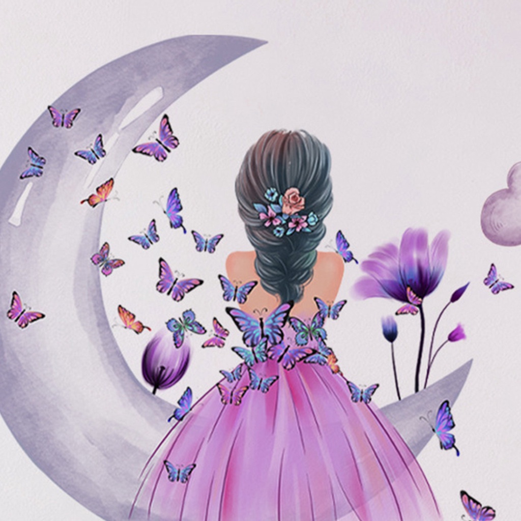 Set 2 Miếng Dán Tường Trang Trí Hình Cô Gái Và Bướm / Đám Mây / Mặt Trăng Tự Dính Tháo Rời Được