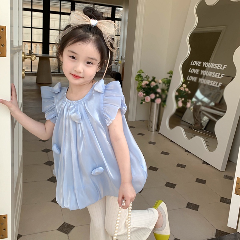 Bộ Áo Ba Lỗ Phối Quần Dài Màu Trơn Trang Trí Trái Tim Ba Chiều Thời Trang Mùa Hè Cho Bé Gái