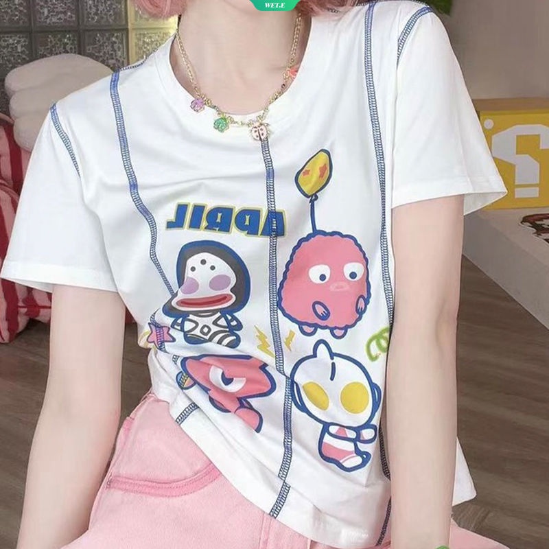 Áo Thun Cotton Tay Ngắn Cổ Tròn In Họa Tiết Quirky Hoạt Hình Màu Sáng Thời Trang Mùa Hè 2023 Cho Nữ