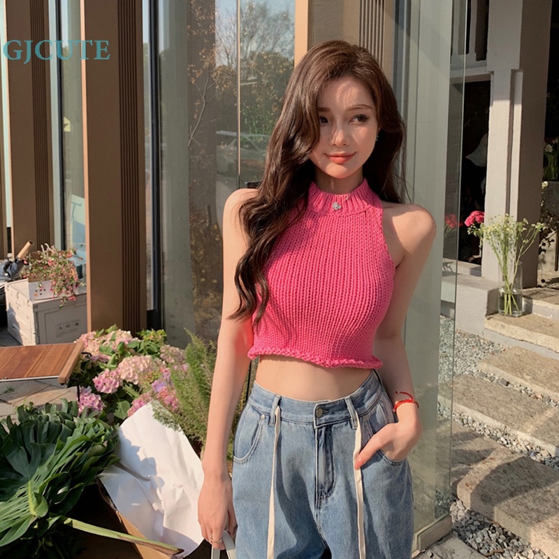 Áo Dệt Kim Sát Nách Cổ Tròn Màu Trơn Thời Trang Mùa Hè Ngọt Ngào Cho Nữ