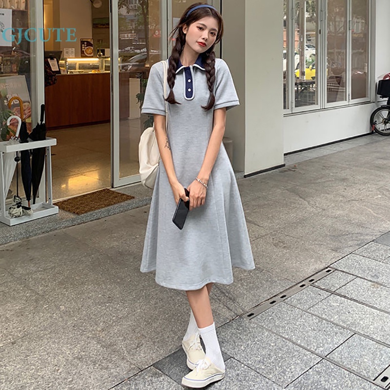 Đầm Midi Tay Ngắn Cổ Bẻ Ghép Vải Phong Cách Preppy WTD