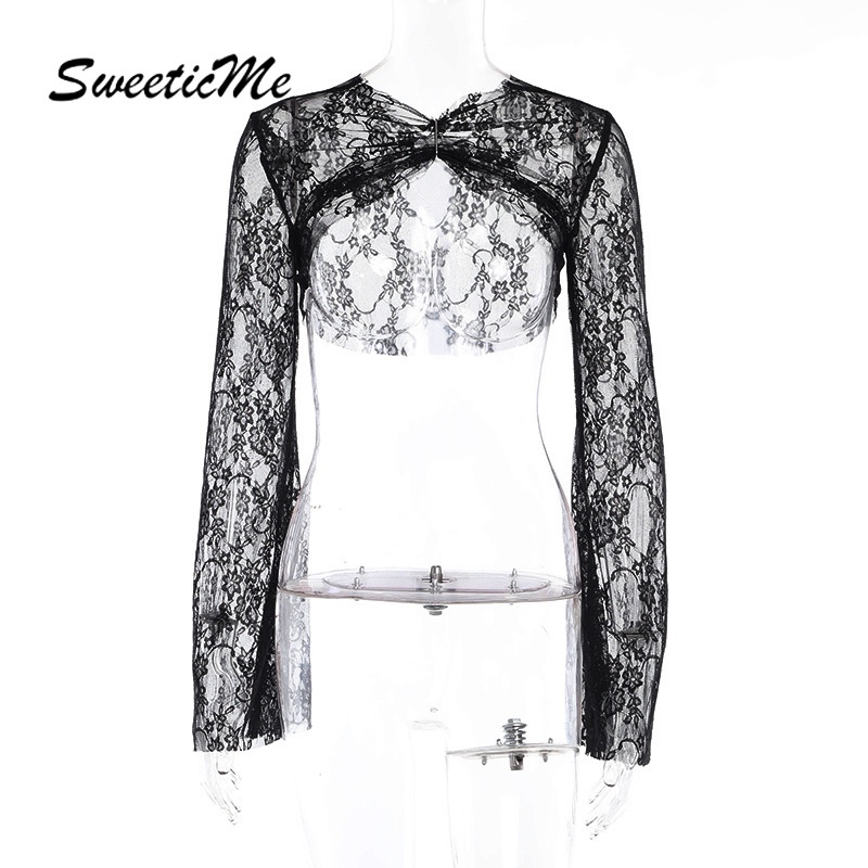 Áo Thun Tay Dài Dáng Ôm Màu Trơn Phối Ren Lưới Thời Trang 2023 Quyến Rũ Cho Nữ