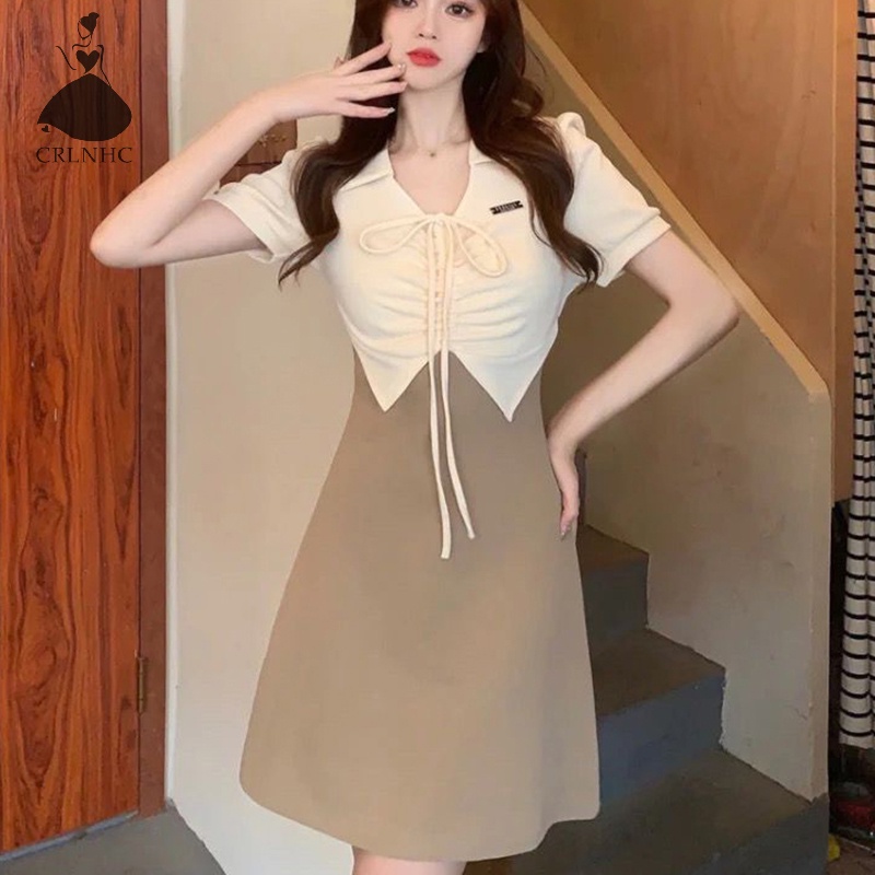 Đầm CRLNHC giả hai mảnh cổ chữ V màu tương phản phong cách cổ điển dành cho nữ