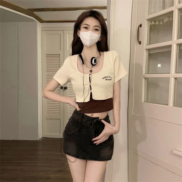 Áo Thun Ngắn Tay Giả Hai Lớp In Họa Tiết Phong Cách Retro Mỹ Cho Nữ