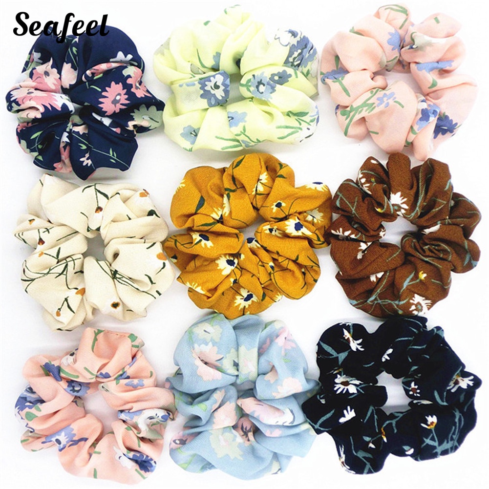 Dây Cột Tóc Scrunchies Co Giãn Mềm Mại In Họa Tiết Hoa Ngọt Ngào Cho Nữ