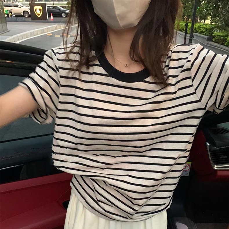 Áo Thun cotton Ngắn Tay Dáng Rộng Họa Tiết Kẻ Sọc Trẻ Trung