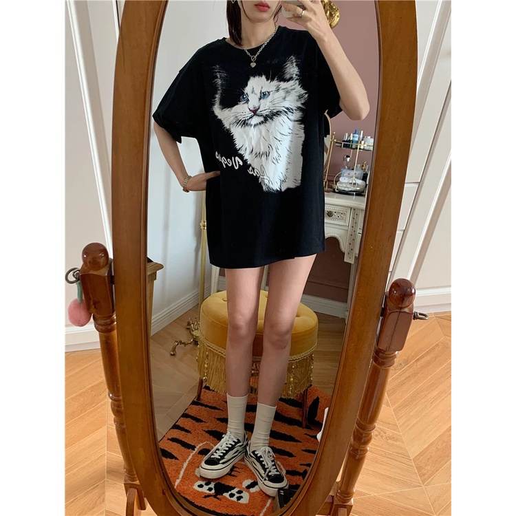 Áo Thun Tay Ngắn Dáng Rộng Hoạ Tiết Mèo Thiết Kế Mới Đáng Yêu