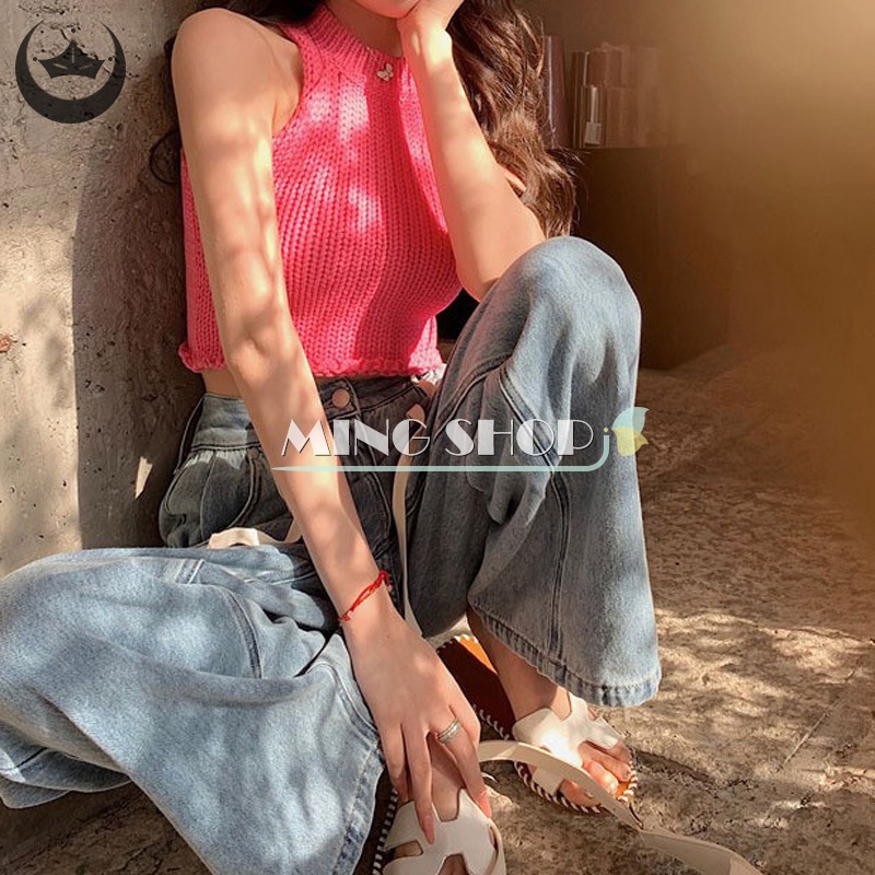 Áo Hai Dây Dệt Kim Cổ Tròn Màu Sắc Ngọt Ngào Thời Trang Mùa Hè Cho Nữ