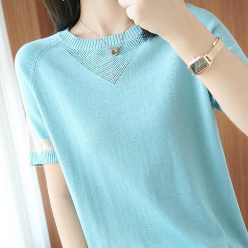Áo Thun Lụa Lạnh Tay Ngắn Dáng Rộng Che Bụng Màu Sắc Tương Phản Phong Cách Hàn Quốc Thời Trang Cho Nữ