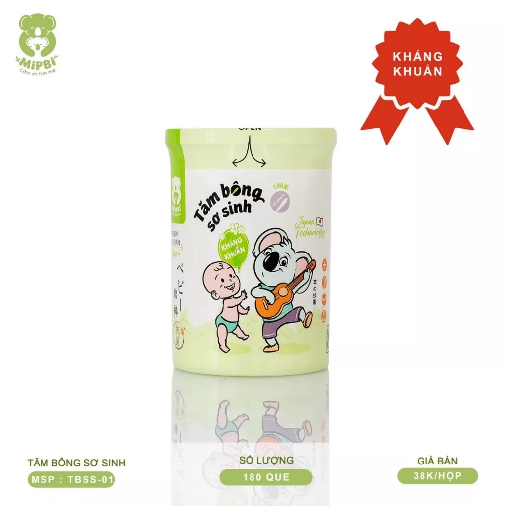 Tăm Bông Sơ Sinh Mipbi cho bé, thân giấy vệ sinh kháng khuẩn, hộp 180 cây