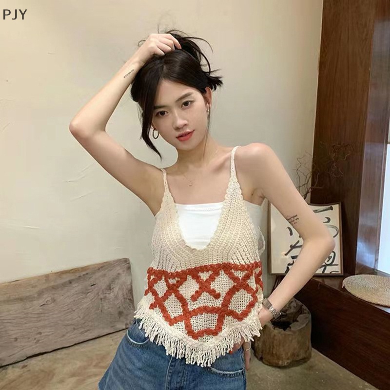 Áo Dệt Kim Không Tay Cổ Chữ V Phối Tua Rua Thời Trang Mùa Hè Vintage Dành Cho Nữ PJ